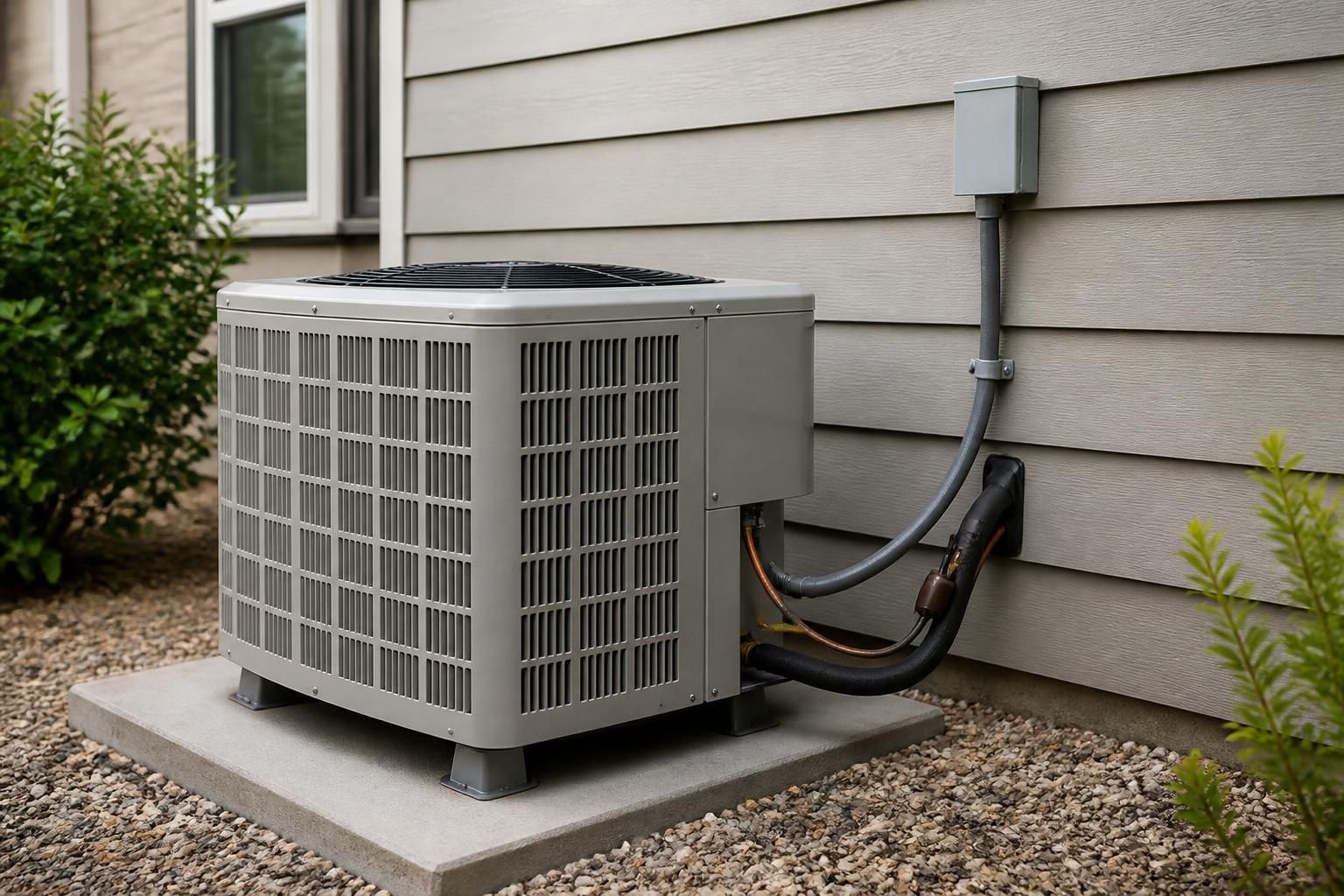 Newly installed air conditioning system at a home exterior.