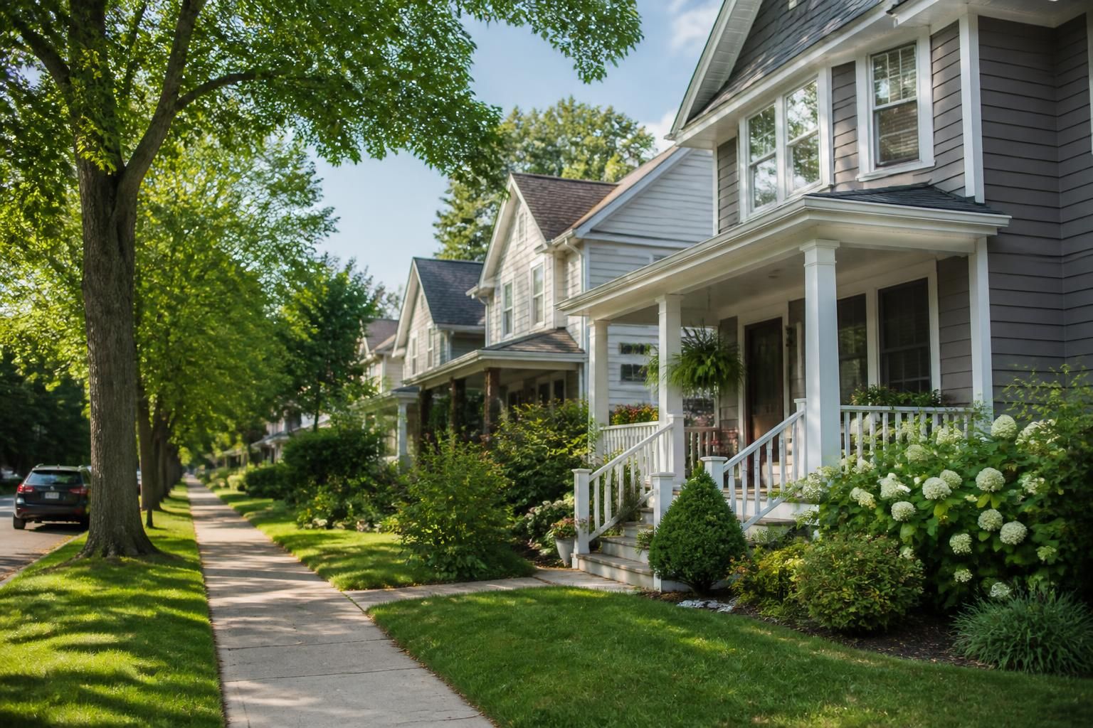 Charming neighborhood with leafy trees and calm residential homes.
