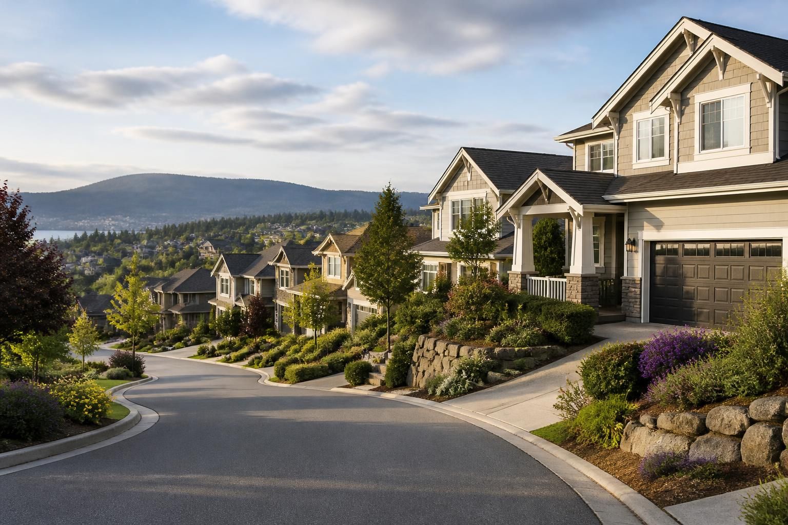 Clean hillside neighborhood with neat landscaping and homes.