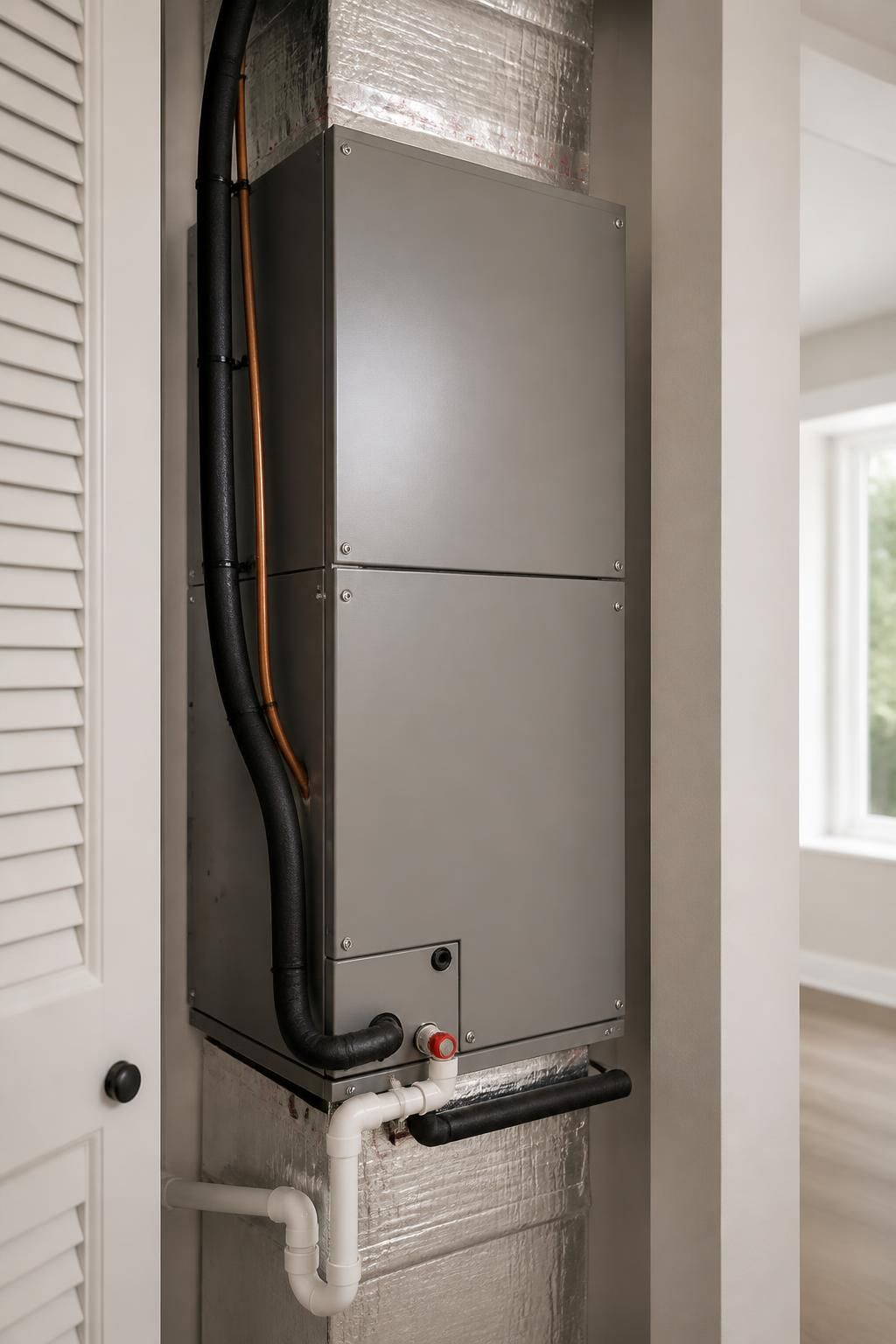 Finished HVAC installation with clean piping in a utility area.