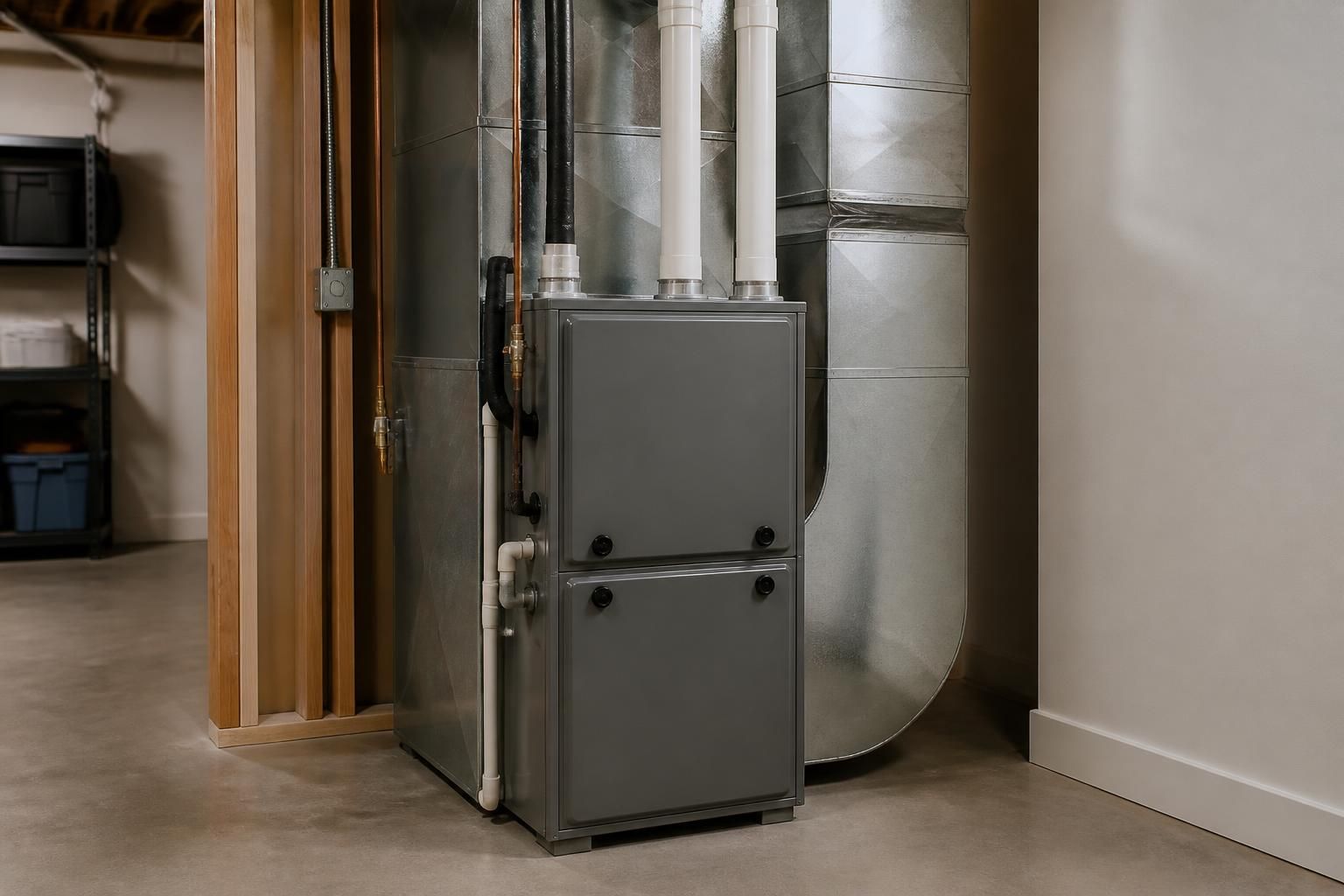 Newly installed furnace in a clean utility room.