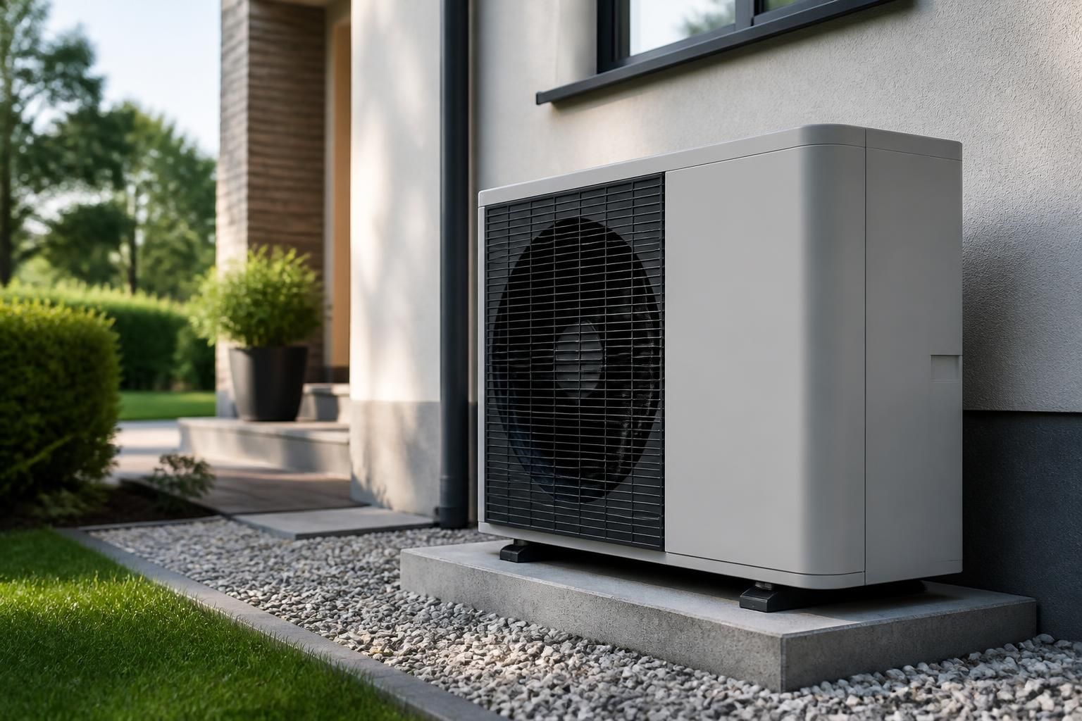 Modern outdoor heat pump unit beside a well-kept home.