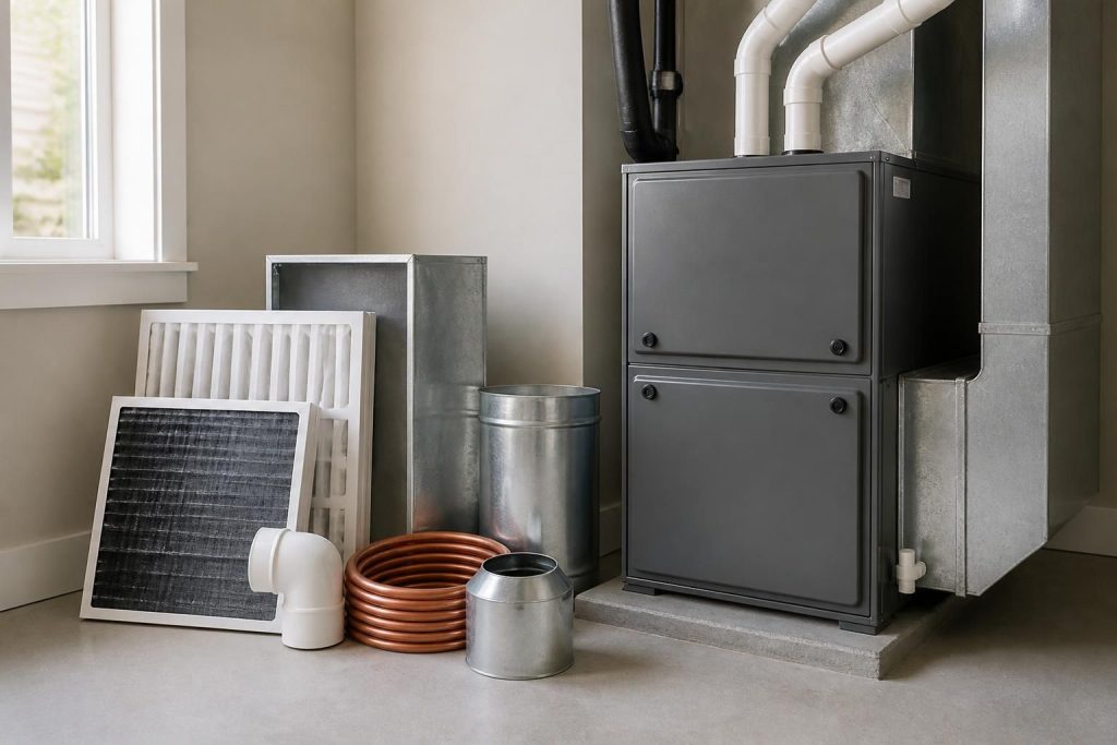Neatly arranged HVAC components beside a finished furnace installation.
