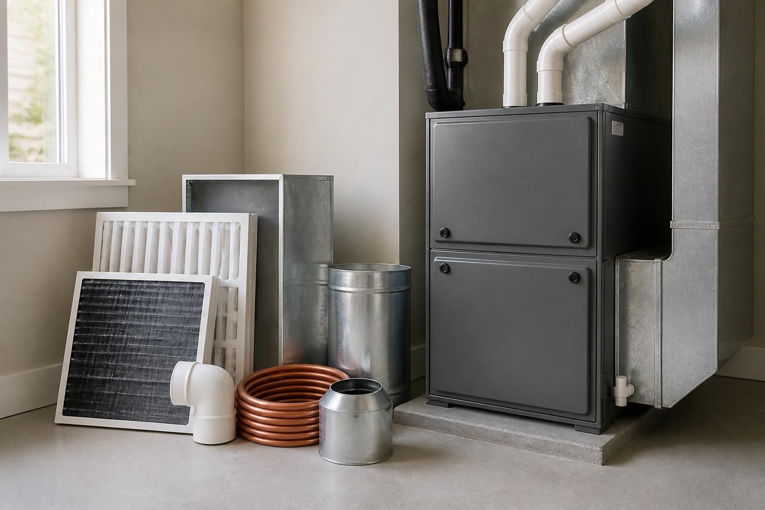 Neatly arranged HVAC components beside a finished furnace installation.