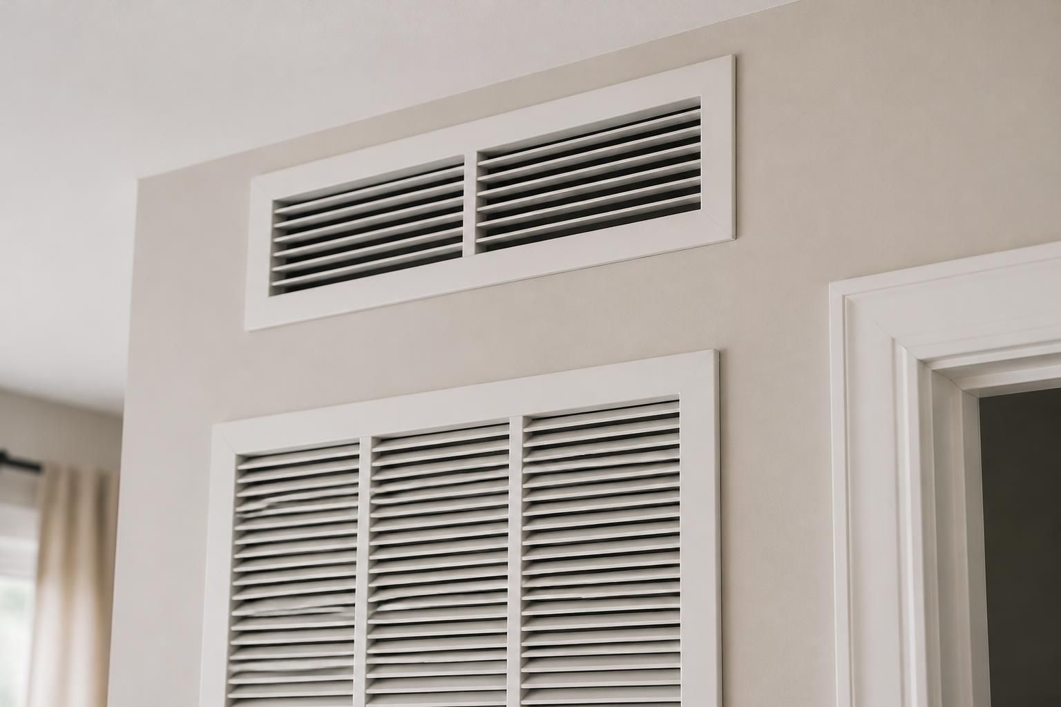 Clean HVAC vent and return grille in a bright home interior.
