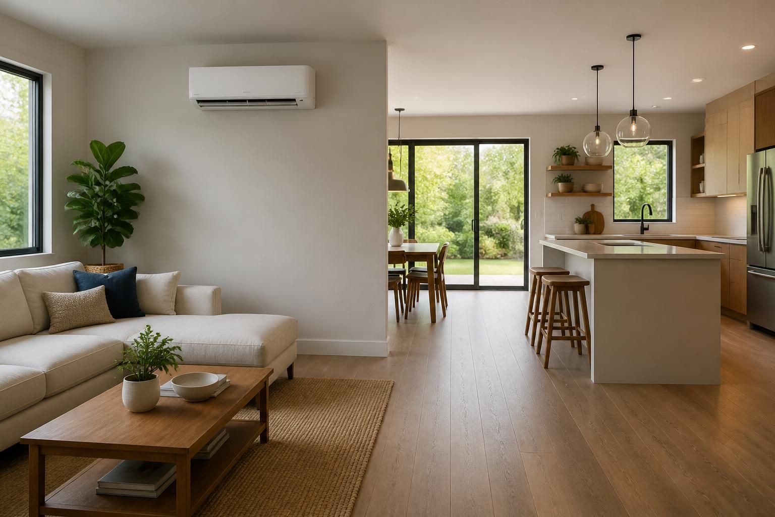 Bright home interior with a modern wall-mounted mini-split unit.