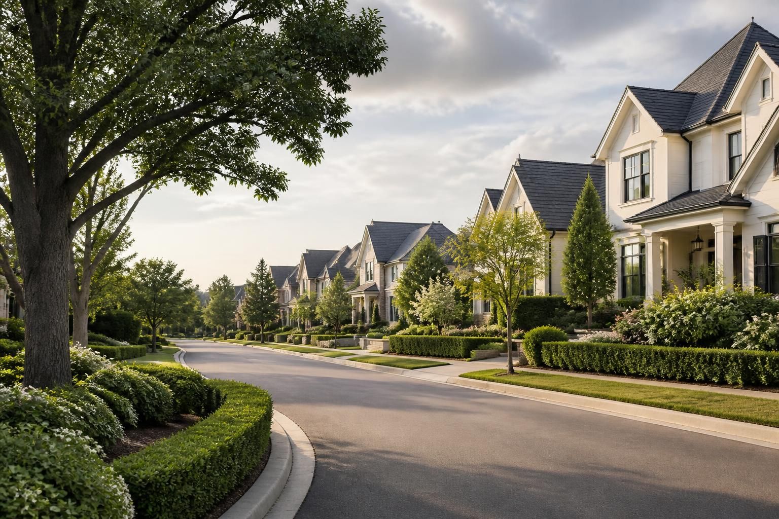 Upscale neighborhood with spacious homes and manicured greenery.