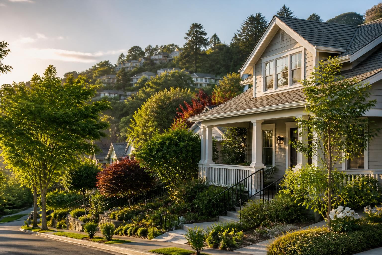 Charming hillside homes surrounded by lush greenery.