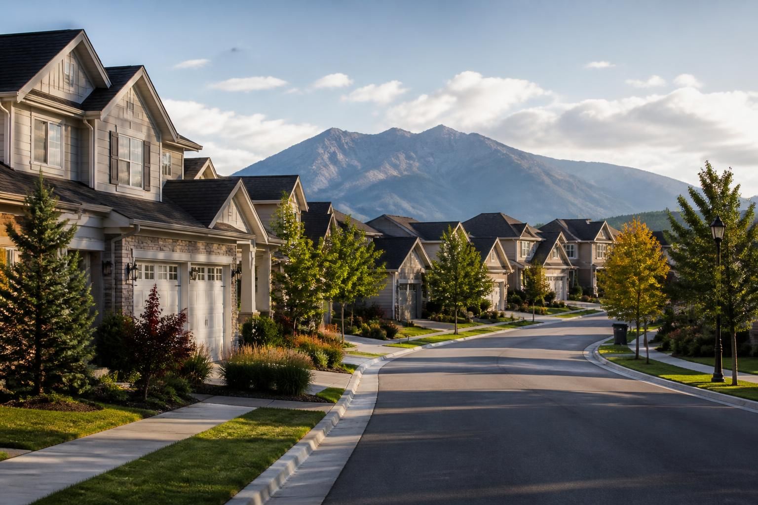 Clean suburban neighborhood with open streets and a subtle mountain backdrop.