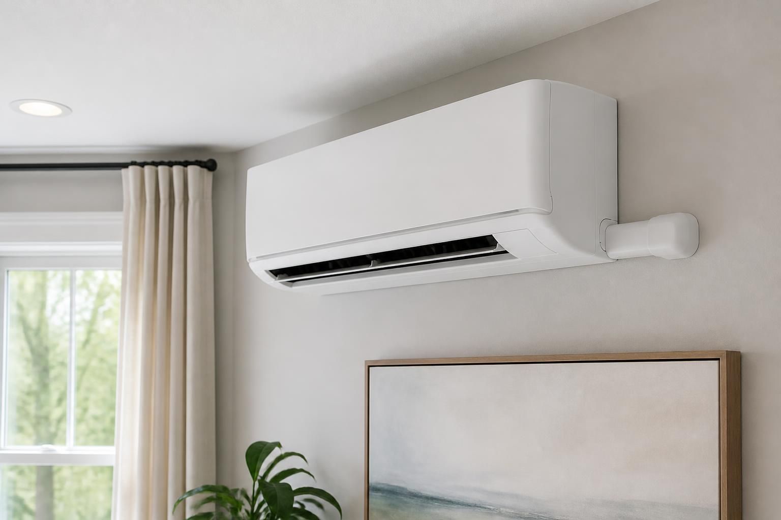 Sleek wall-mounted mini-split unit in a bright finished room.