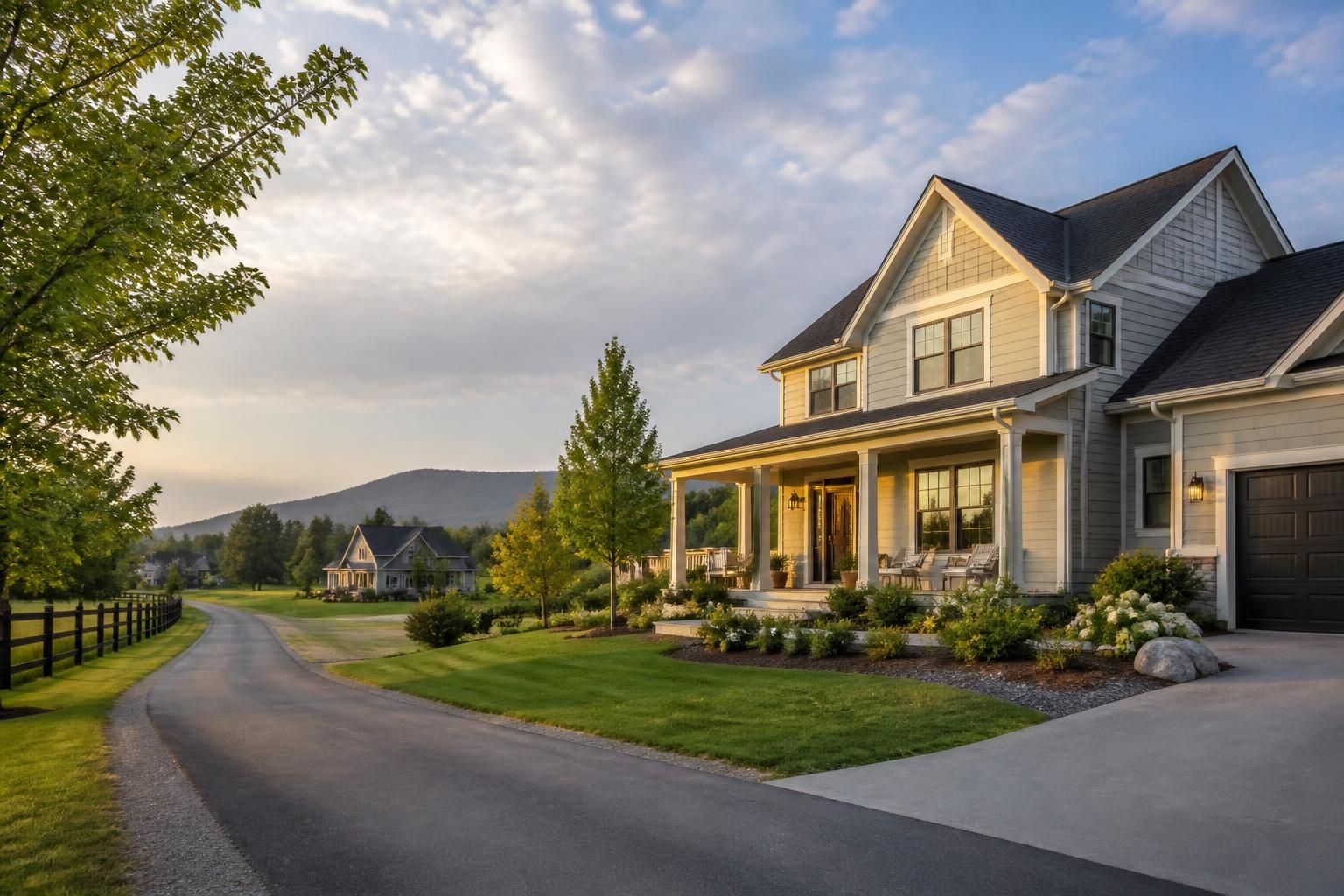Spacious homes with open skies and tidy landscaping.