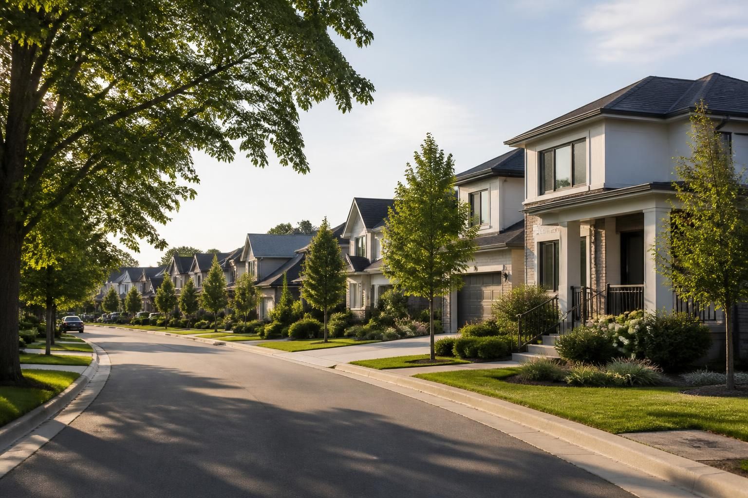 Tree-lined residential district with modern homes and sunny daylight.
