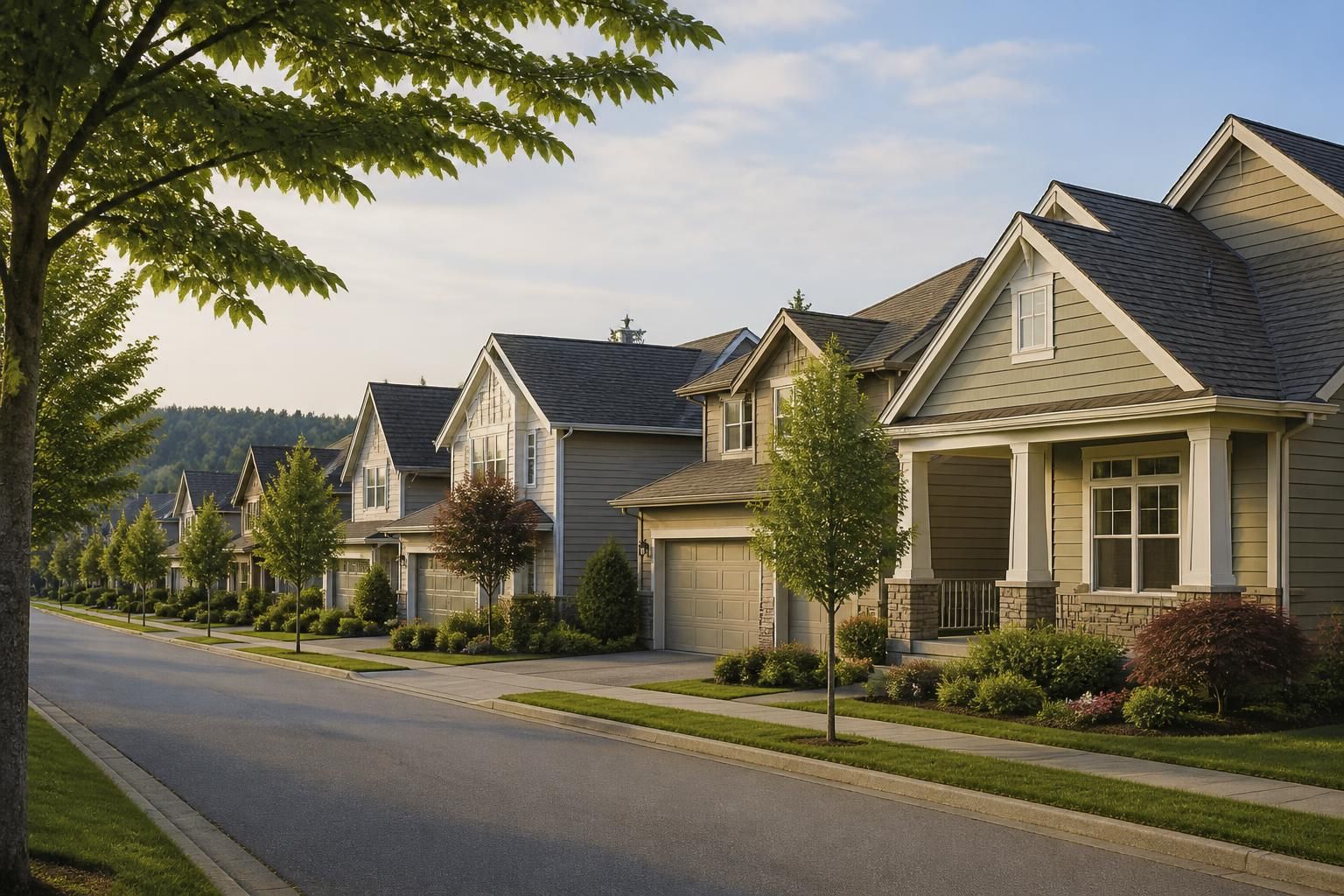 Calm residential street with tidy homes in soft daylight.