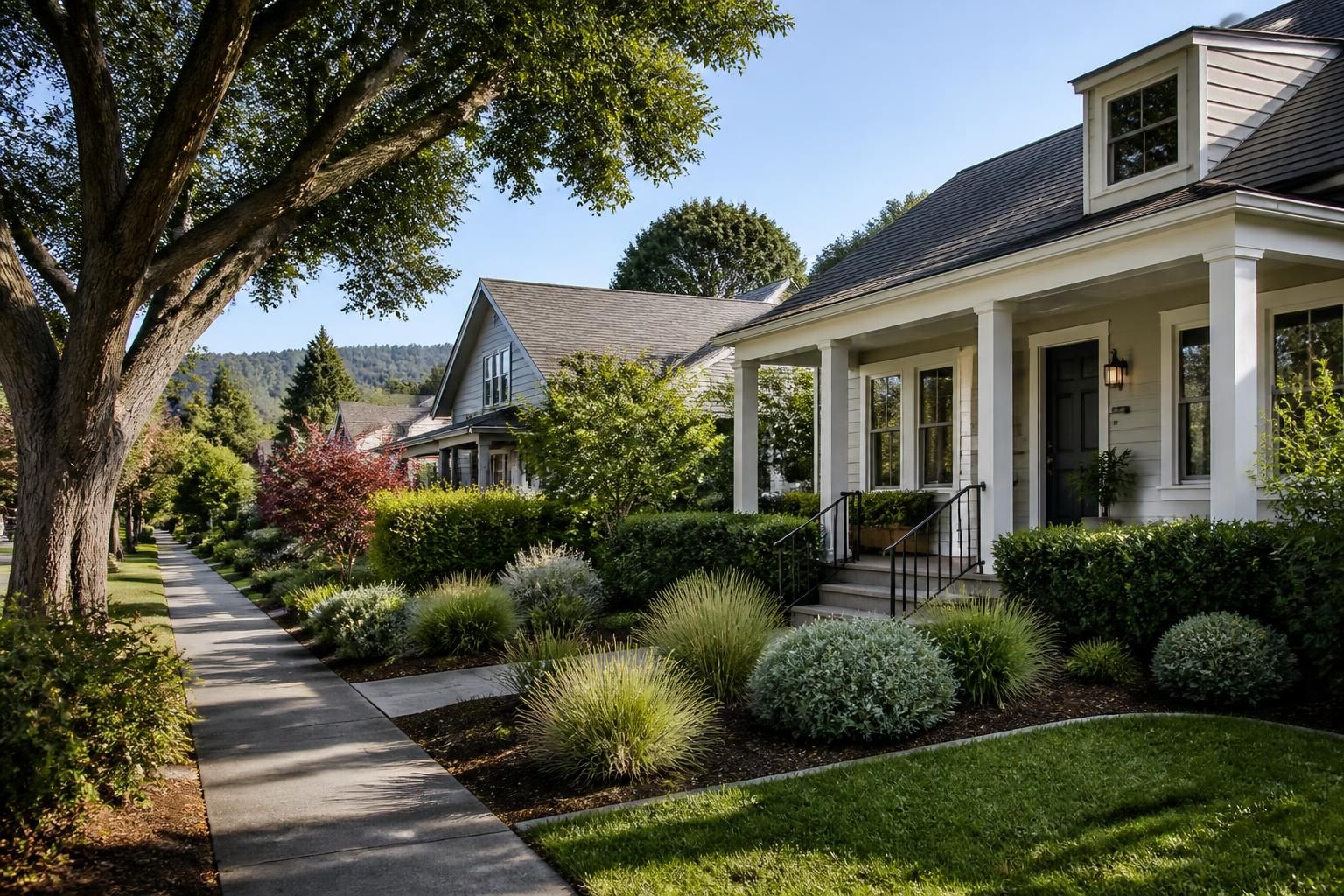 Tidy residential neighborhood with mature trees and comfortable homes.