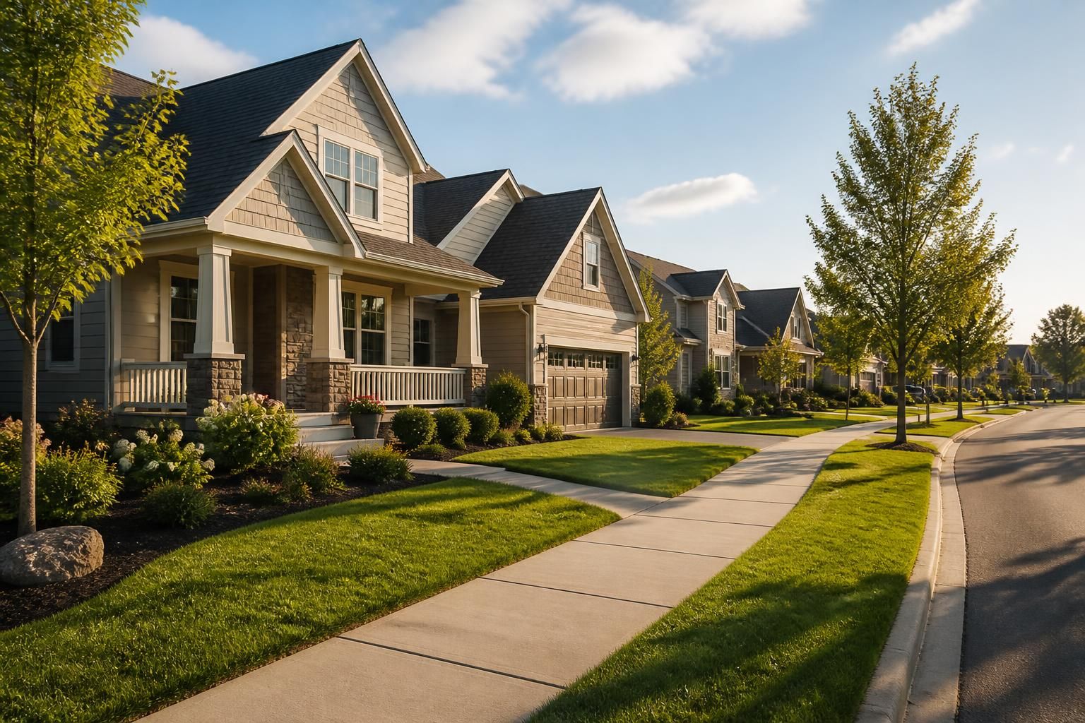 Well-kept suburban street with manicured lawns and homes.