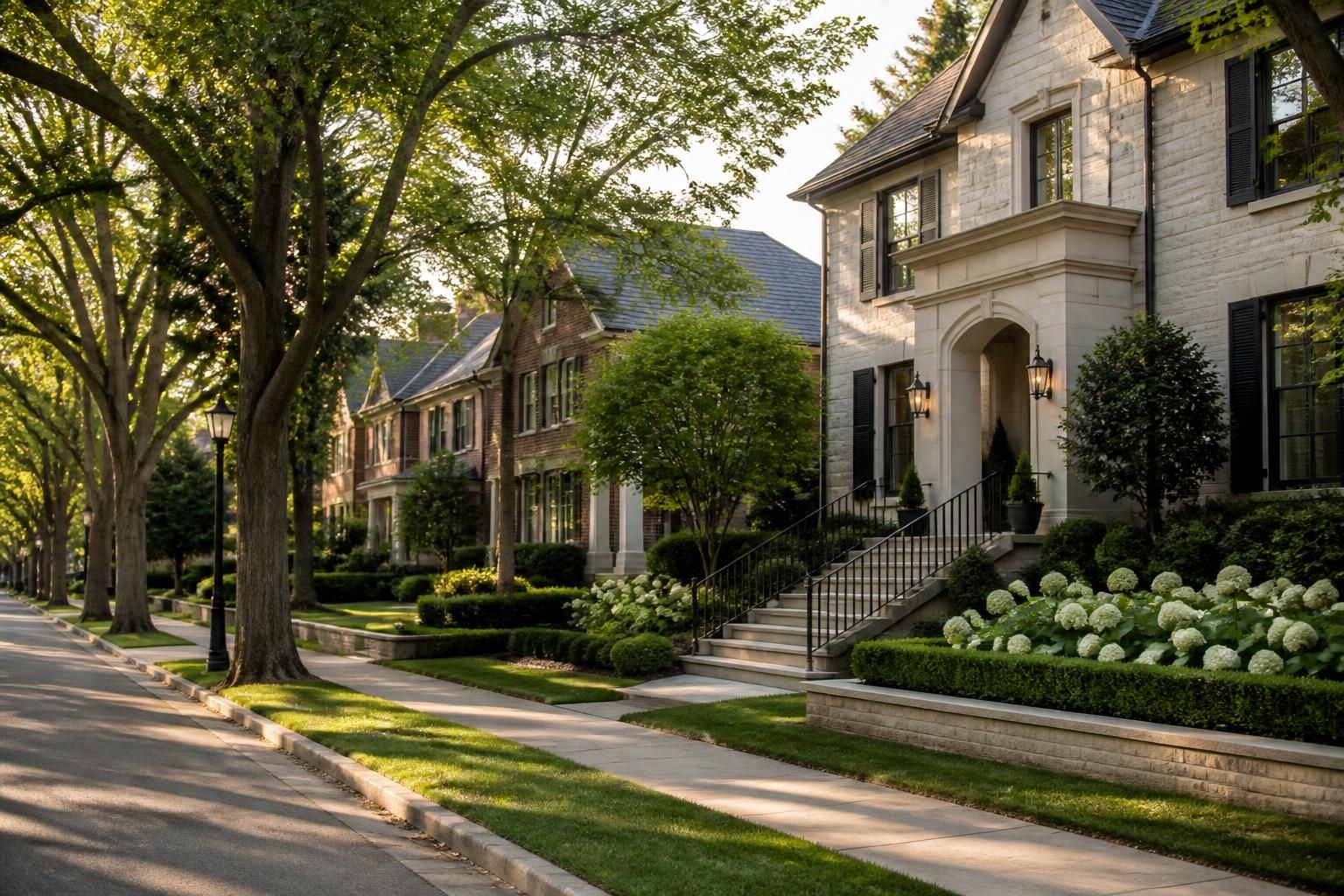 Upscale residential street with elegant homes and mature trees.