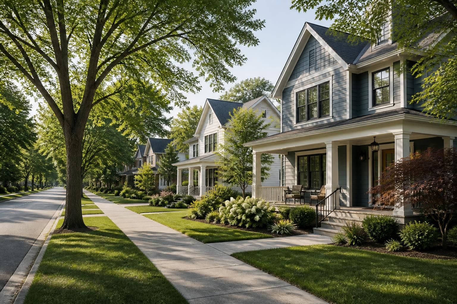 Tree-lined neighborhood with tidy modern homes and bright daylight.